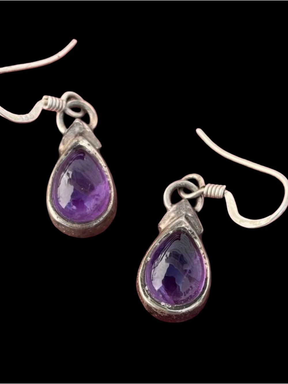 Vintage Amethyst And Silver Metal Teardrop Earrings